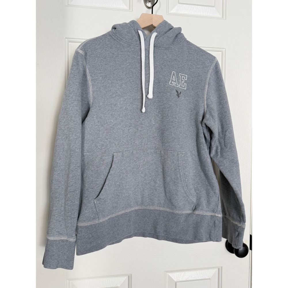 American Eagle Mens‎ S Super Soft Hoodie Gray White Sweatshirt Logo Drawstring